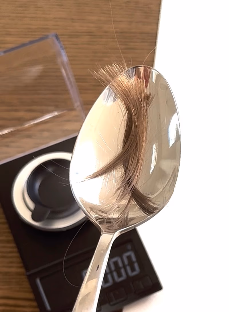 Ein Esslöffel mit herausgeschnittenen Haaren für eine Haarmineralanalyse.